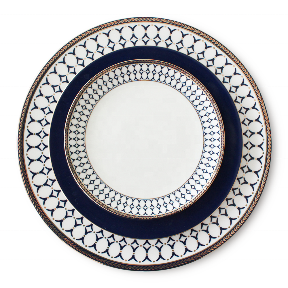 Wholesale bone china navy blue plates crockery set porcelain dinnerware