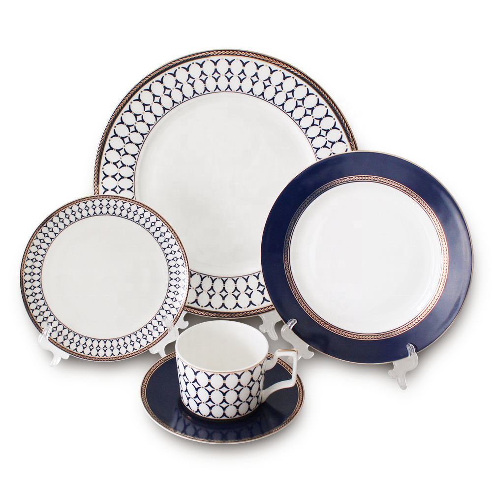 Wholesale bone china navy blue plates crockery set porcelain dinnerware