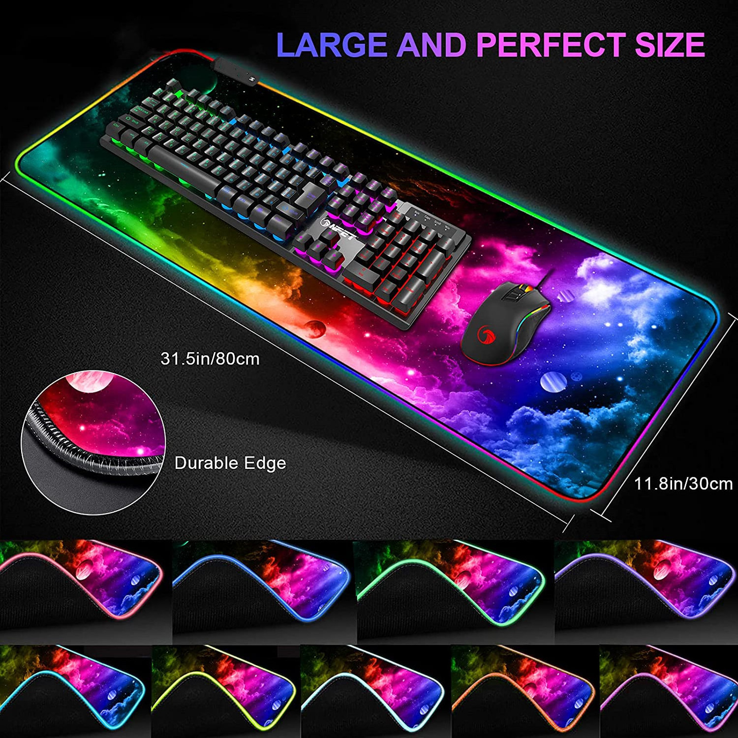 Gaming Mouse Pad Anti-Slip Base Cloth Mouse Pad RGB Backlit Stitched Edges Water-Resistant Mouse mat for Gaming Sensors