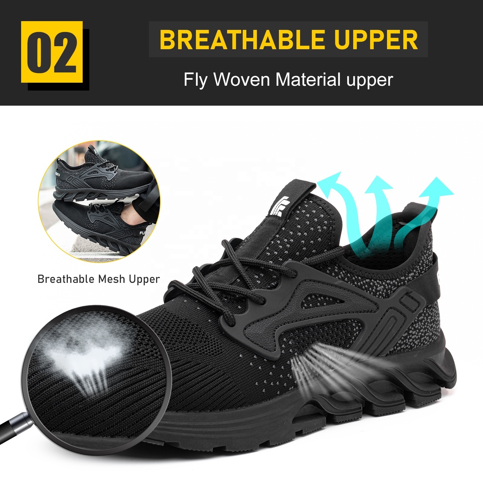 JIANKUN OEM ODM Fashion Safety Shoes with breathable fly knitting rubber outsole hotselling for men and women steel toe