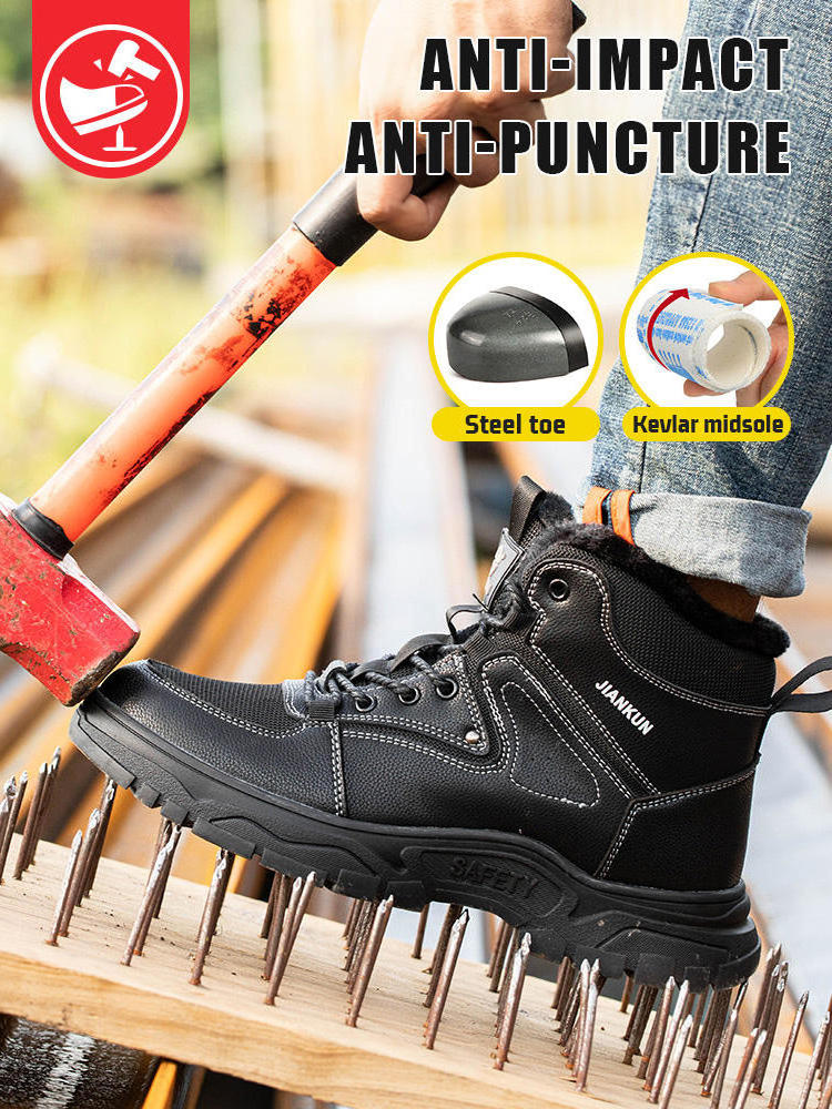 JIANKUN Work High Top black sneakers Boots Best Steel Toe Anti-Smashing Anti-Puncture Non-Slip Leather Safety Shoes for men