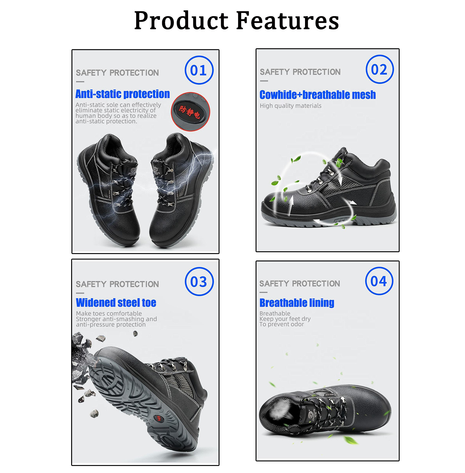 JIANKUN CE Men's High Cut Embossed Leather Steel Toe Anti-Static smashing waterproof Safety Shoes for Construction Protection