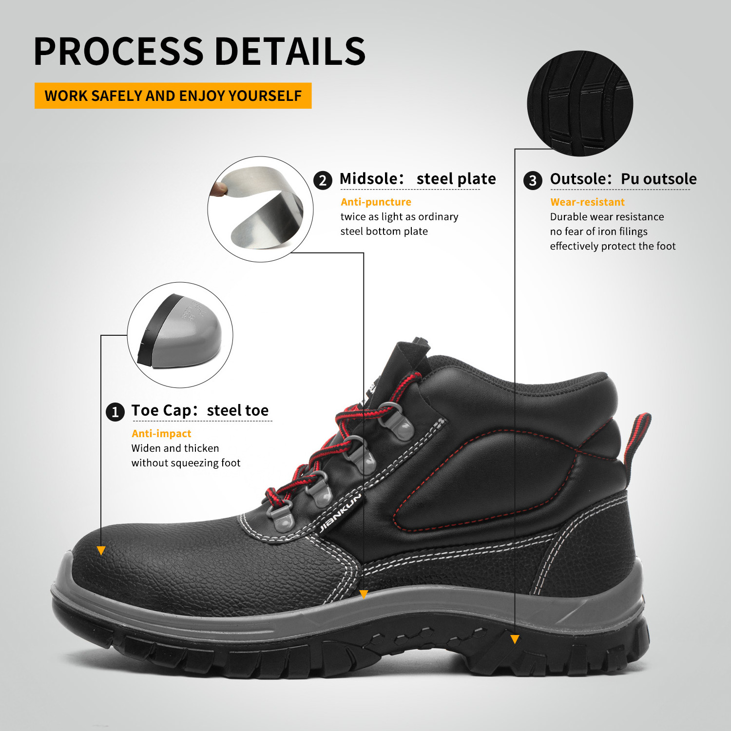 JIANKUN Industrial  shoe eyelet grommet Breathable Steel Toe Leather Shoes stainless   Anti-Impact Protective Safety Feature