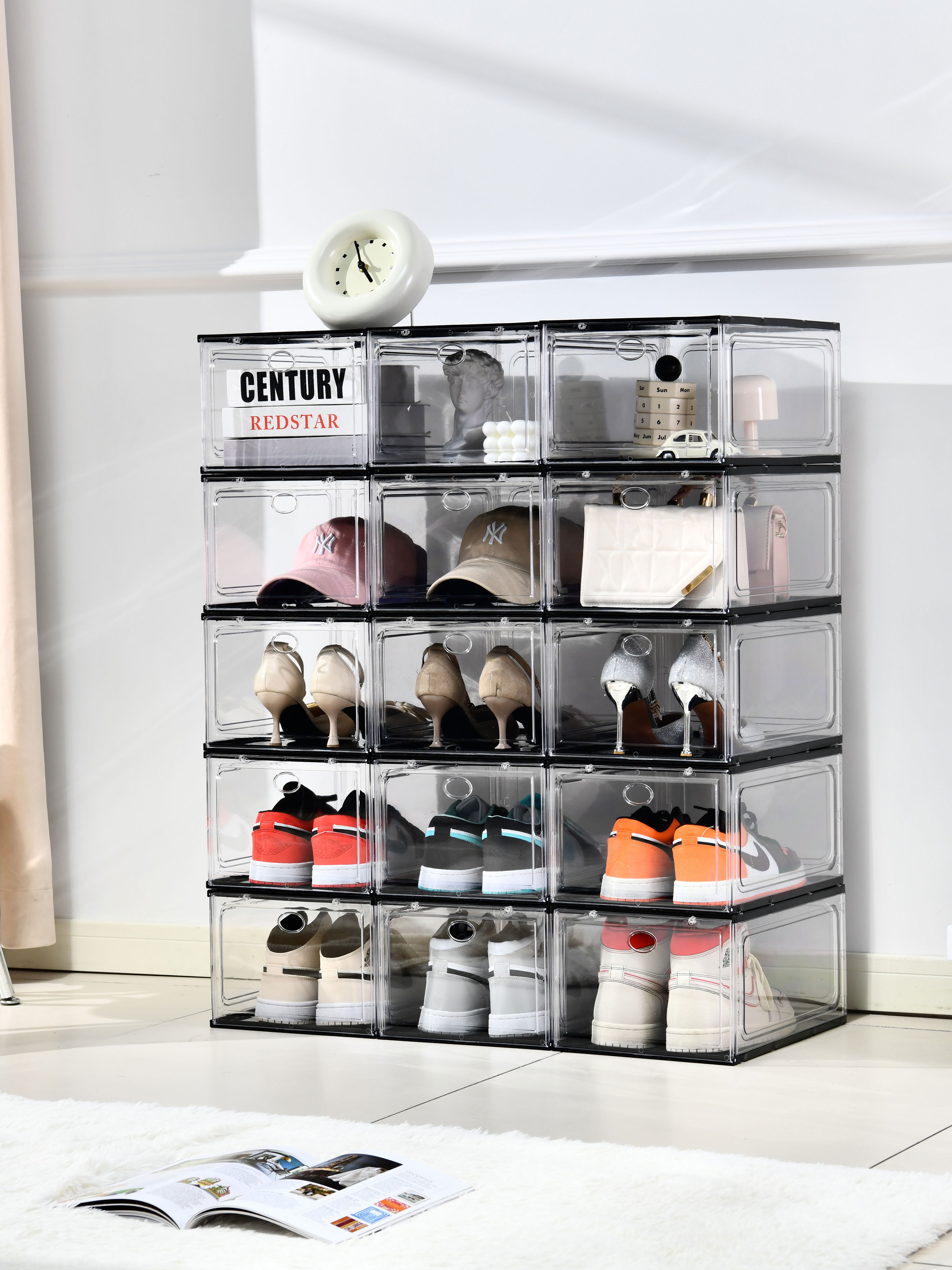 Plastic clear shoe box with magnetic side open door stackable folding giant shoe storage case