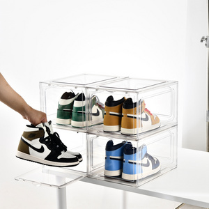 Magnet plastic large container shoe display case storage custom transparent shoe box stackable organizer