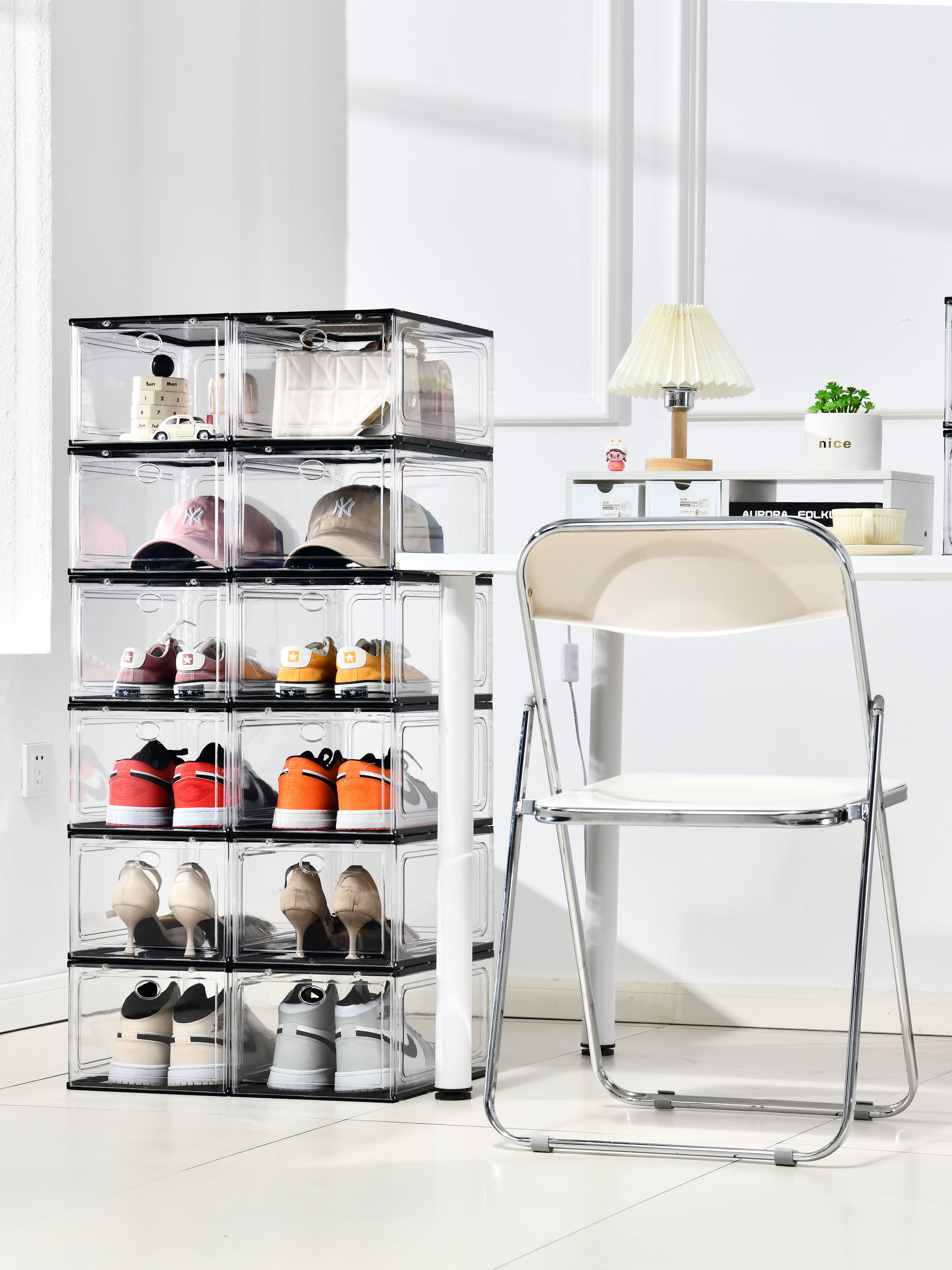 5689 clear stackable shoe case plastic storage shelves collapsible shoe rack organizer for closet bedroom