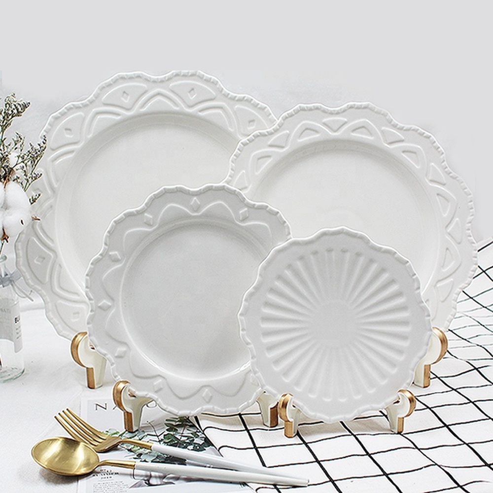 Wholesale emboss plates sets dinnerware porcelain white ceramic dishes set