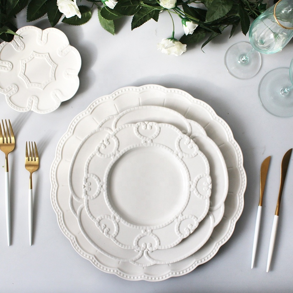 Wholesale ceramic dinner plates set porcelain white emboss restaurant crockery dinnerwares