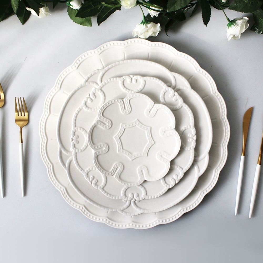 Wholesale ceramic dinner plates set porcelain white emboss restaurant crockery dinnerwares