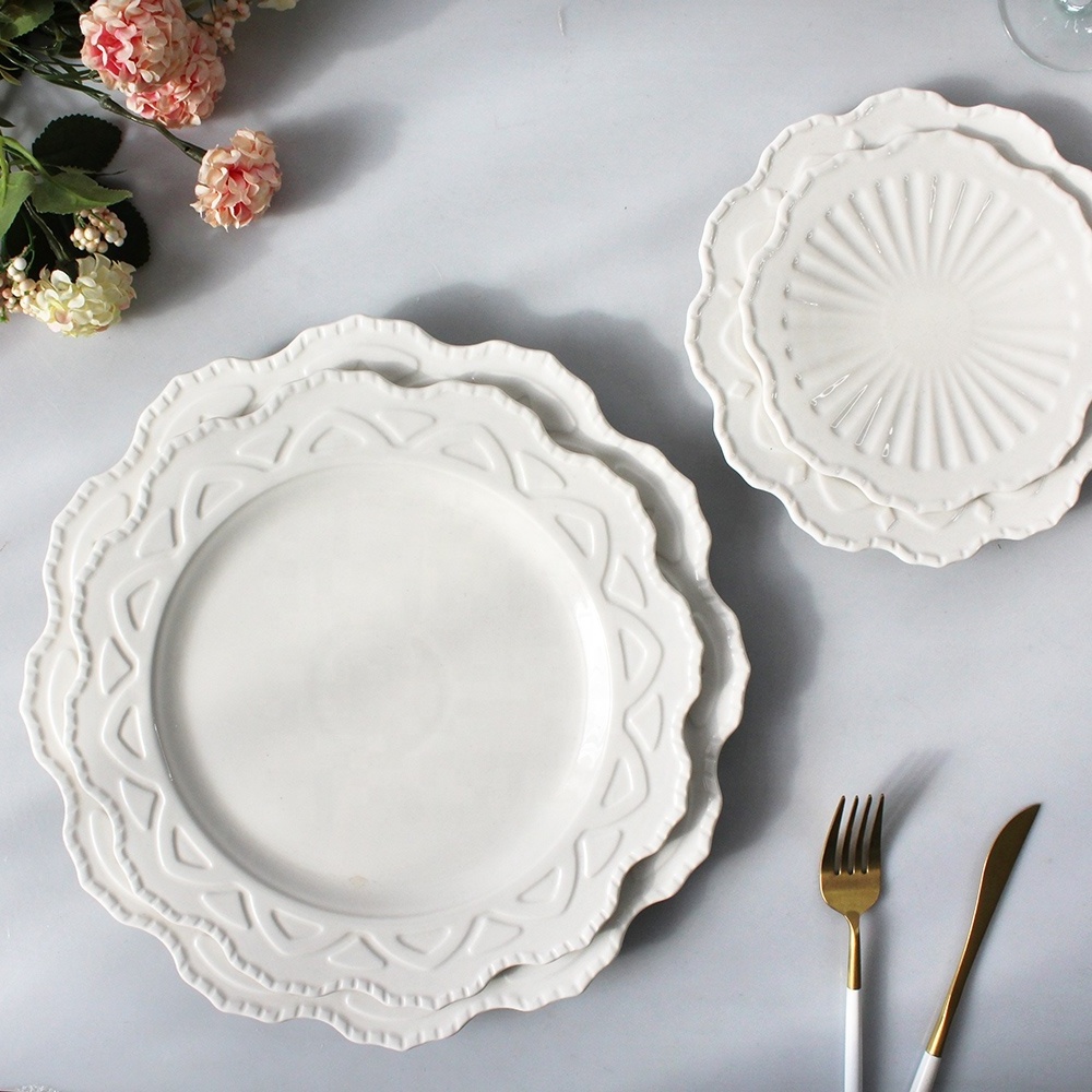 Wholesale emboss plates sets dinnerware porcelain white ceramic dishes set