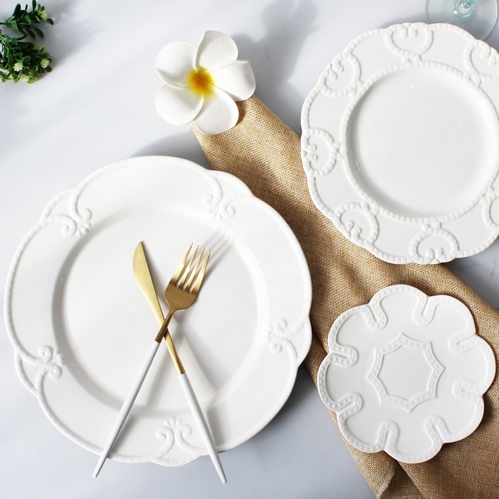 Wholesale ceramic dinner plates set porcelain white emboss restaurant crockery dinnerwares