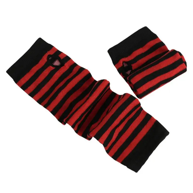 Women Girls Knitted Fingerless Long Gloves Stripes Printed Over Elbow Length Winter Stretchy Arm Warmer Sleeves with Thumb Hole