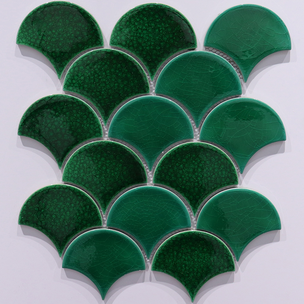 Factory Price 300 x 300 mm Green Ceramic Fan Shape Mosaic Tile For Kitchen Wall Backsplash