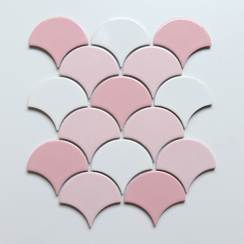 Shower Wall Decor Fish Scale Tile Pink and White Porcelain Mosaic