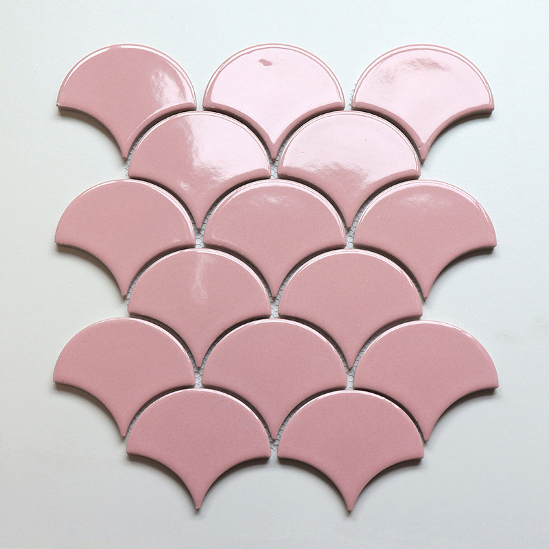 Shower Wall Decor Fish Scale Tile Pink and White Porcelain Mosaic