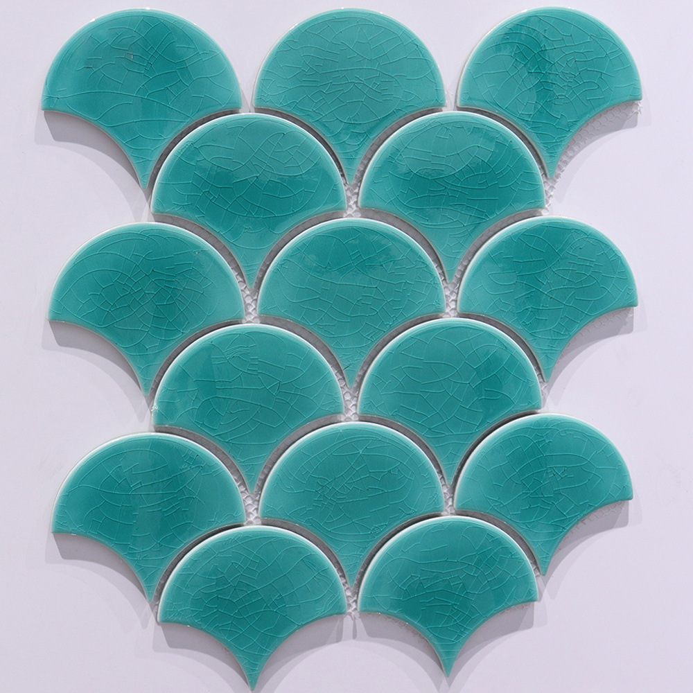 Factory Price 300 x 300 mm Green Ceramic Fan Shape Mosaic Tile For Kitchen Wall Backsplash