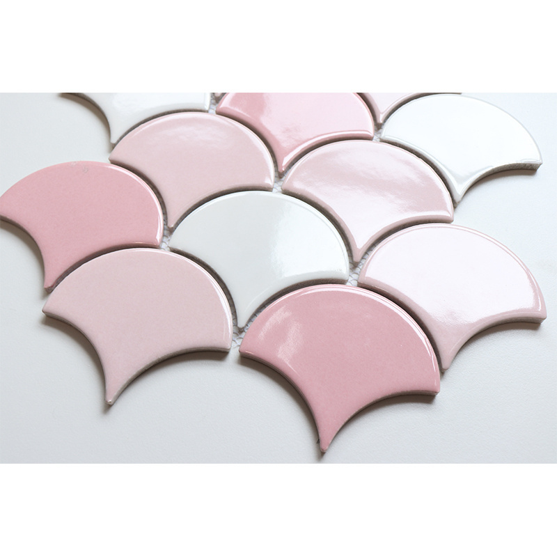 Shower Wall Decor Fish Scale Tile Pink and White Porcelain Mosaic