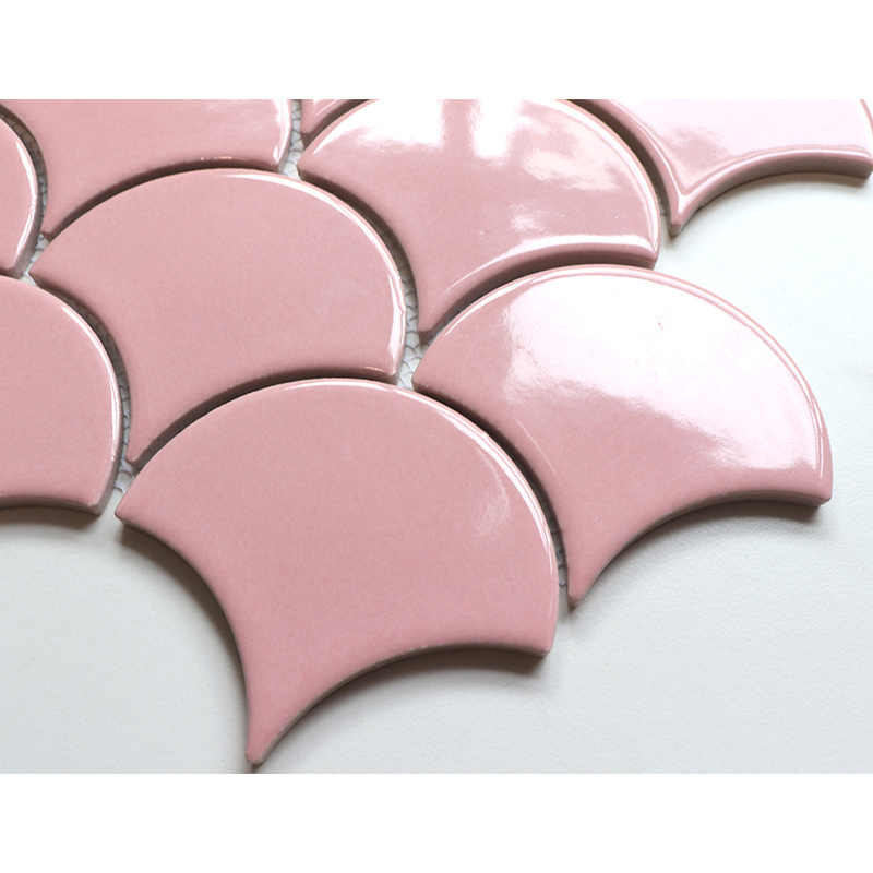 Shower Wall Decor Fish Scale Tile Pink and White Porcelain Mosaic