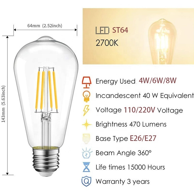 ST64 Dimmable 4W 6W 8W Vintage Edison LED Filament Bulb E26 110V E27 220V Cheap Fast Delivery Clear Glass Light Bulbs In Stock