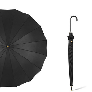 Wholesale Windproof Leather J Type Handle Large Travel Outdoor 16 Ribs Black Umbrella for the Rain