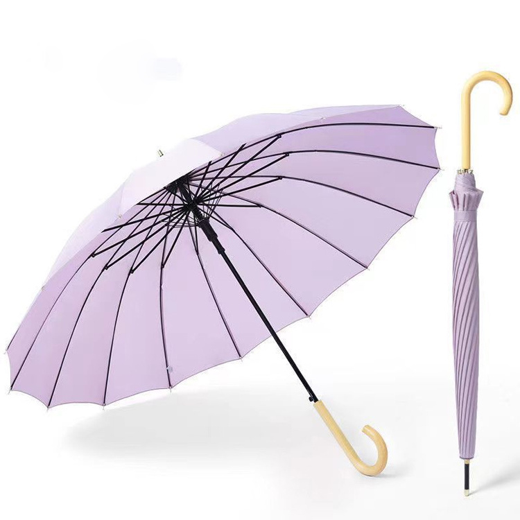 Wholesale Cheap Wooden Handle Semi-Automatic Windproof Travel 16 Ribs Straight Purple Rain Umbrellas