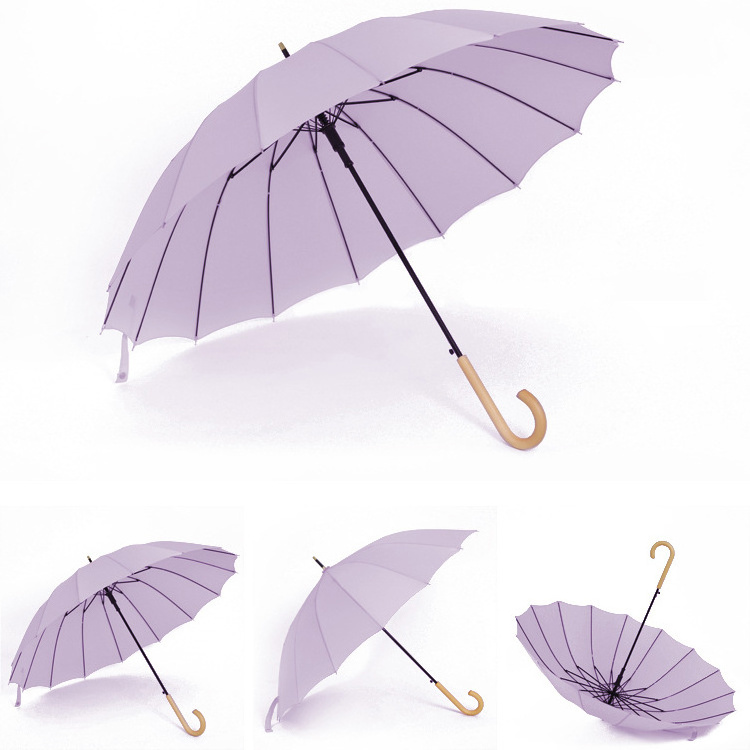 Wholesale Cheap Wooden Handle Semi-Automatic Windproof Travel 16 Ribs Straight Purple Rain Umbrellas