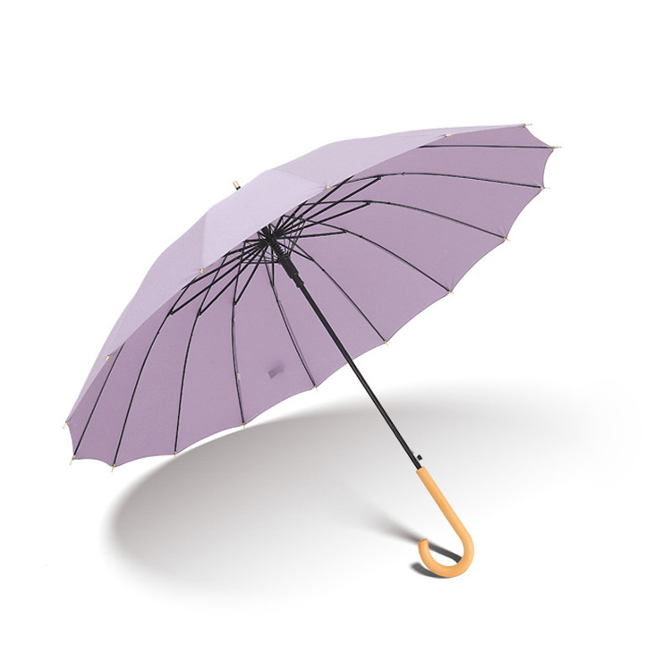 Wholesale Cheap Wooden Handle Semi-Automatic Windproof Travel 16 Ribs Straight Purple Rain Umbrellas