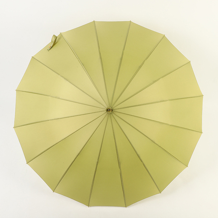 Eco Friendly Wooden Straight Handle Semi-Automatic Matcha Green 16 Ribs Umbrella Hot Selling