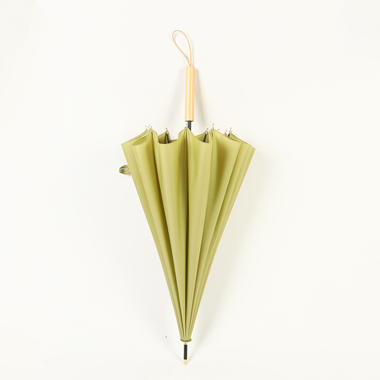 Eco Friendly Wooden Straight Handle Semi-Automatic Matcha Green 16 Ribs Umbrella Hot Selling