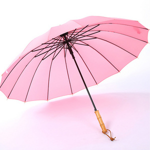 Custom Windproof Travel Creative 16 Ribs Bamboo Handle Pink Umbrella