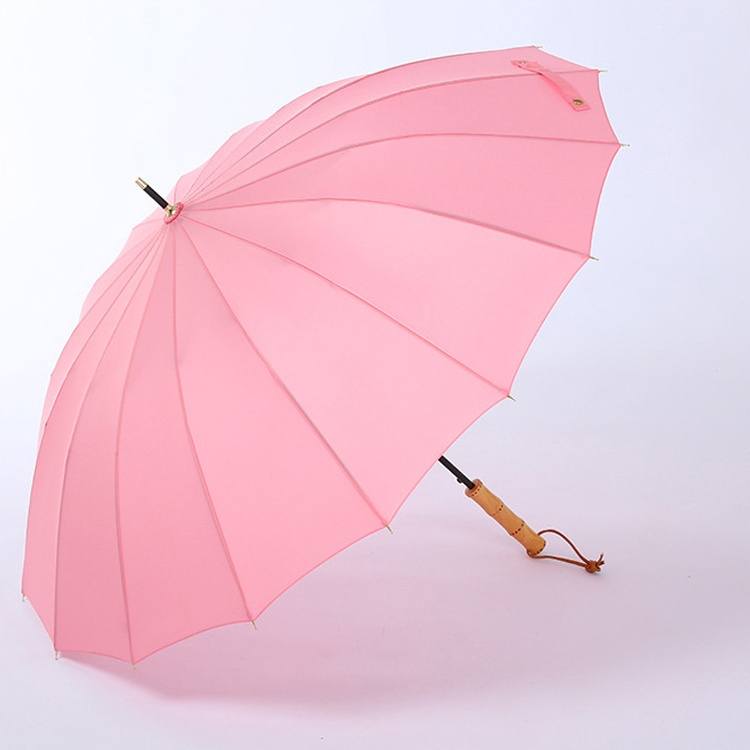 Custom Windproof Travel Creative 16 Ribs Bamboo Handle Pink Umbrella