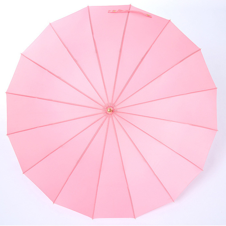 Custom Windproof Travel Creative 16 Ribs Bamboo Handle Pink Umbrella