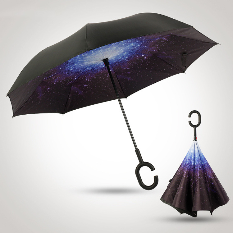 Custom Upside Down Windproof Reverse C Handle Inverted Umbrella Logo