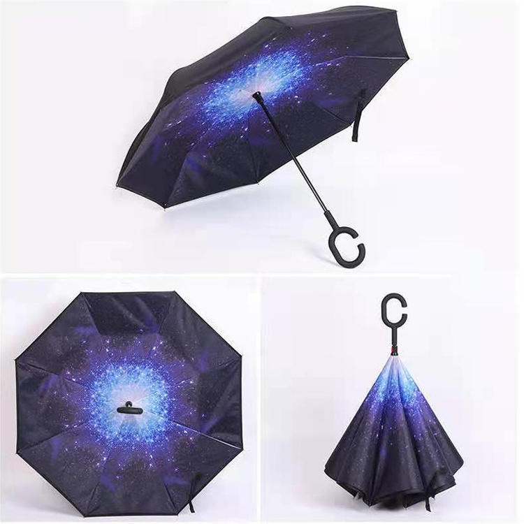 Custom Upside Down Windproof Reverse C Handle Inverted Umbrella Logo