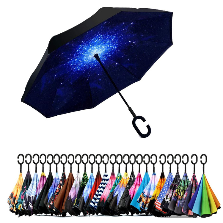 Custom Upside Down Windproof Reverse C Handle Inverted Umbrella Logo