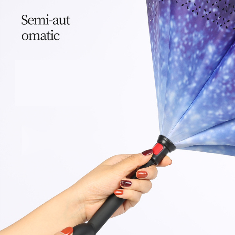 Extra Large Double Layer Inverted Reverse Upside Down Windproof Waterproof Stick Umbrella with C-shape Handle