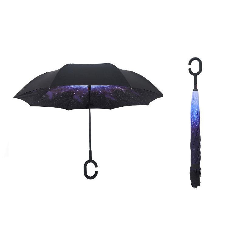 Extra Large Double Layer Inverted Reverse Upside Down Windproof Waterproof Stick Umbrella with C-shape Handle