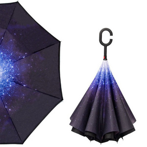 Extra Large Double Layer Inverted Reverse Upside Down Windproof Waterproof Stick Umbrella with C-shape Handle