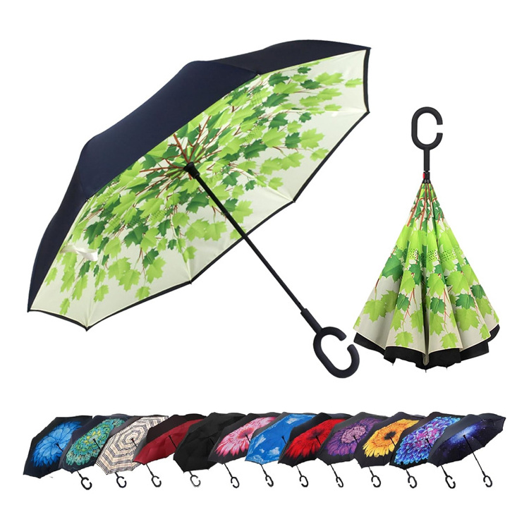 Portable Anti-UV Waterproof Rain Inverted Reverse Upside Down Umbrellas with C-Shaped Handle