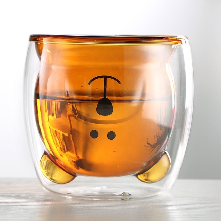 Wholesale 250ml Reusable Cartoon Bear Shape High Borosilicate Double Wall Drinking Glass Cup