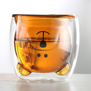 Wholesale 250ml Reusable Cartoon Bear Shape High Borosilicate Double Wall Drinking Glass Cup