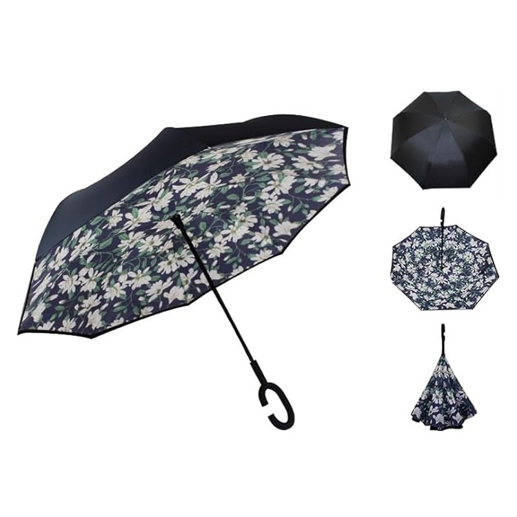 Wholesale Semi-Automatic Waterproof Rain Creative Type C Hand-Free Reverse Long Handle Double-Layer Unique Travel Umbrella