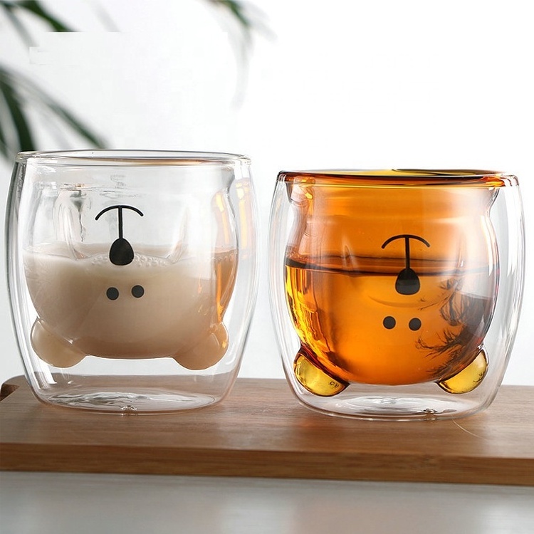 Wholesale 250ml Reusable Cartoon Bear Shape High Borosilicate Double Wall Drinking Glass Cup