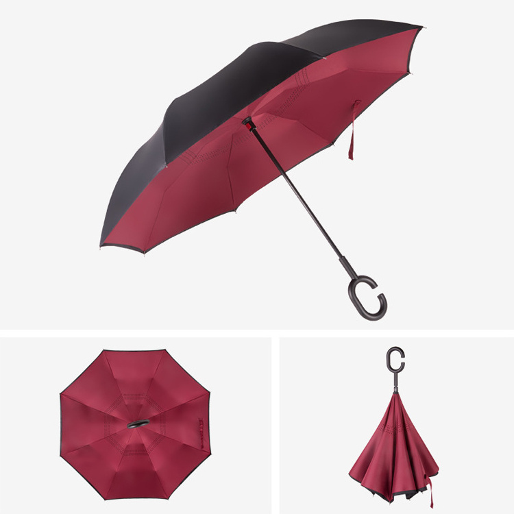 Cheap Inverted Reverse Upside Down Waterproof Rain Wine Red Umbrellas with C-Shaped Handle