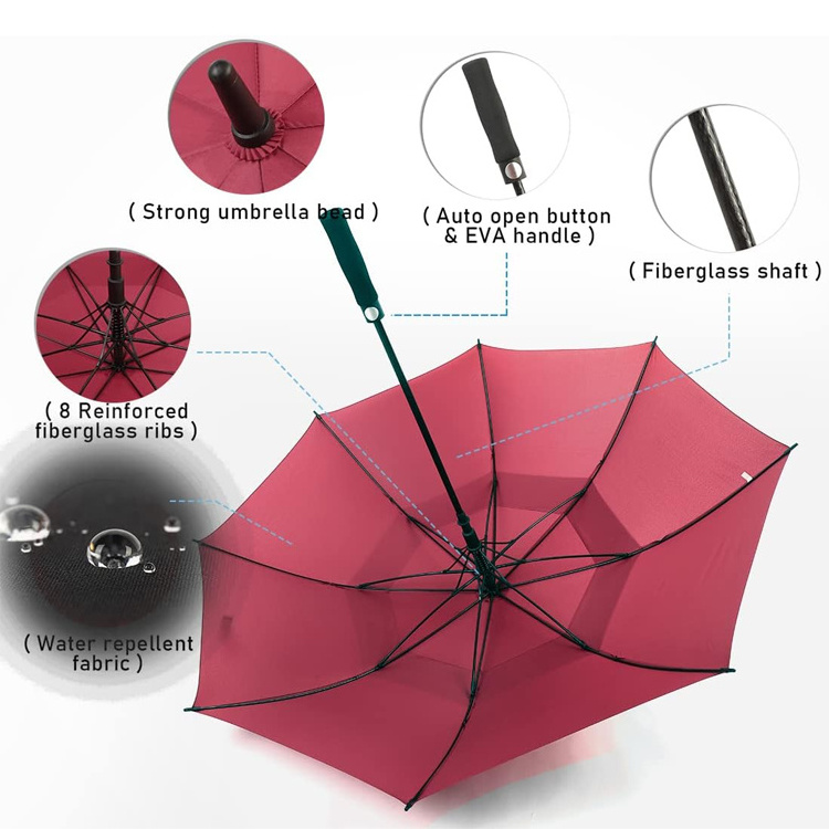 Custom Logo Printed Windproof Automatic Red Golf Umbrella Waterproof for Business Gifts