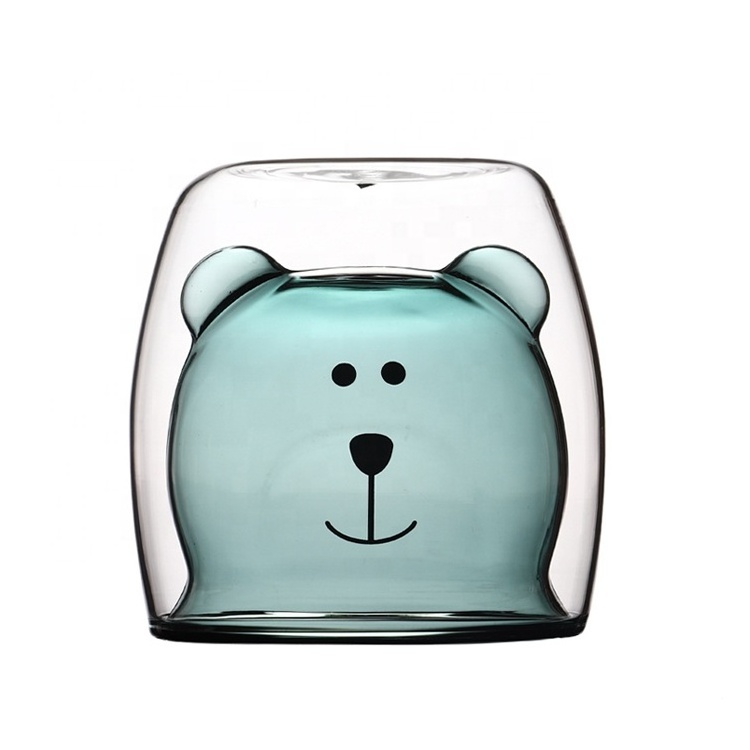 Wholesale 250ml Reusable Cartoon Bear Shape High Borosilicate Double Wall Drinking Glass Cup