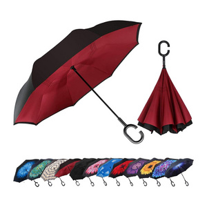 Cheap Inverted Reverse Upside Down Waterproof Rain Wine Red Umbrellas with C-Shaped Handle