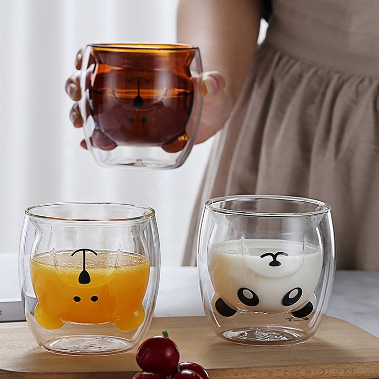 Wholesale 250ml Reusable Cartoon Bear Shape High Borosilicate Double Wall Drinking Glass Cup