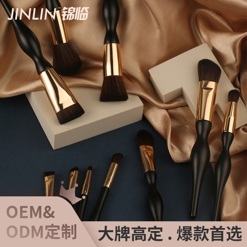 Wholesale Hot Sale 10 Matte Vegan Natural Cosmetics  Gold Makeup Brushes Beauty Tools Foundation Spiral woodsBrush Set