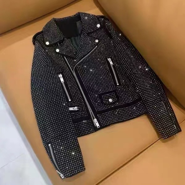 JL514 high quality women rivet Shiny Stone Fashion Black Bomber Jacket pure leather rhinestone jacket